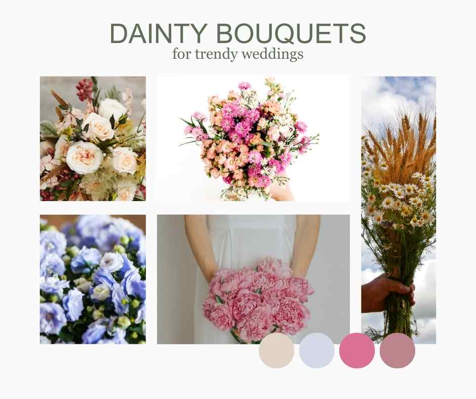 moodbard with dainty wedding bouquets that are blue white pink flowers